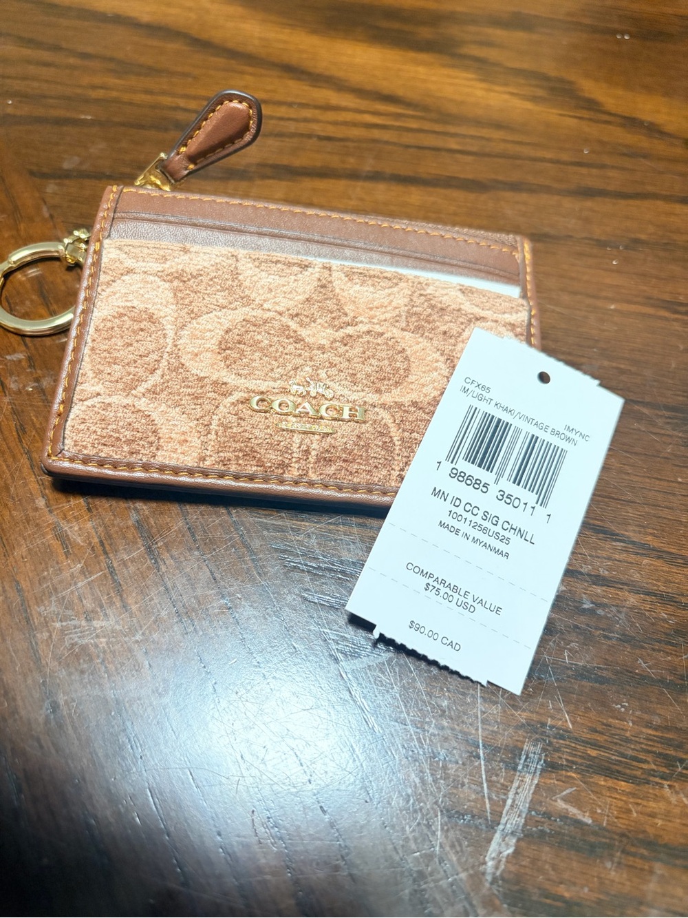 Coach Brown Signature Chenille Card Case with Gold Key Ring